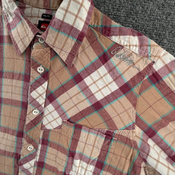 Quiksilver Beige Red Plaid Mid Medium Pocket Surf Mens Shirt Long Sleeve Flannel - Picture 3 of 12